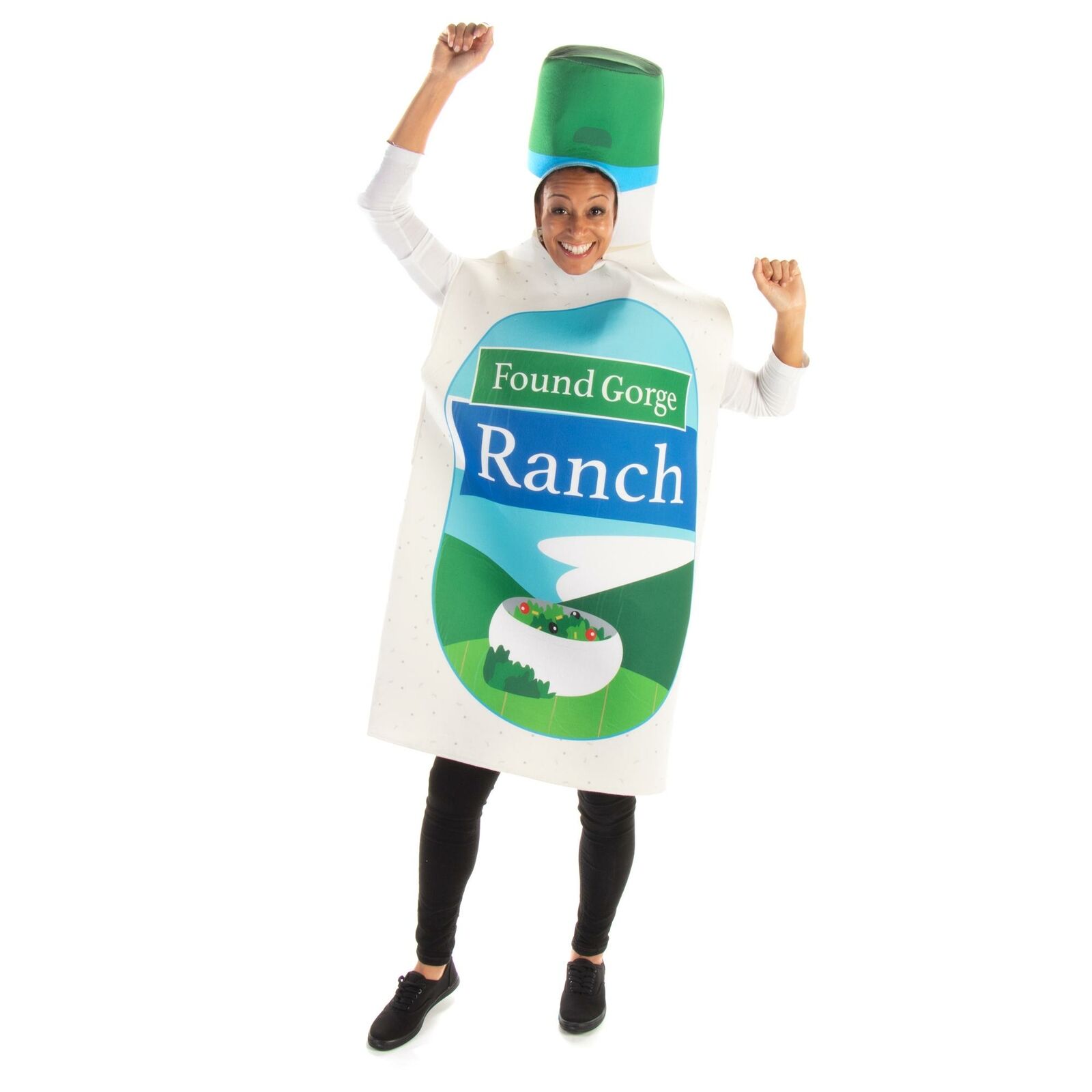 Woman dressed as a bottle of ranch dressing, The label on the dressing is blue, green and white and says "Found Gorge Ranch"