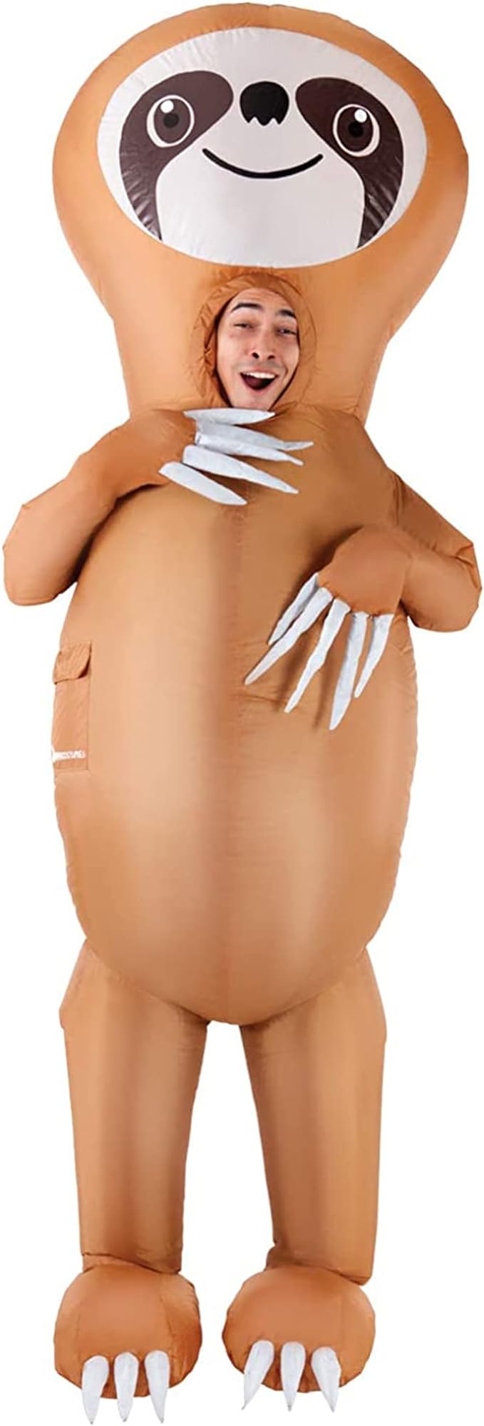 Man wearing brown inflatable sloth costume