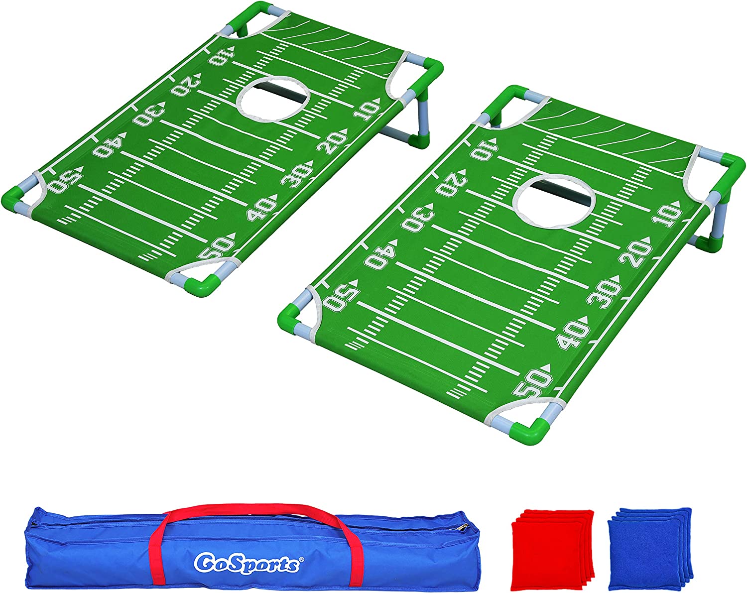 Two green cornhole boards with "yardage" markings to make them look like a football field. There is a blue carrying bag and red and blue beanbags in the picture also.