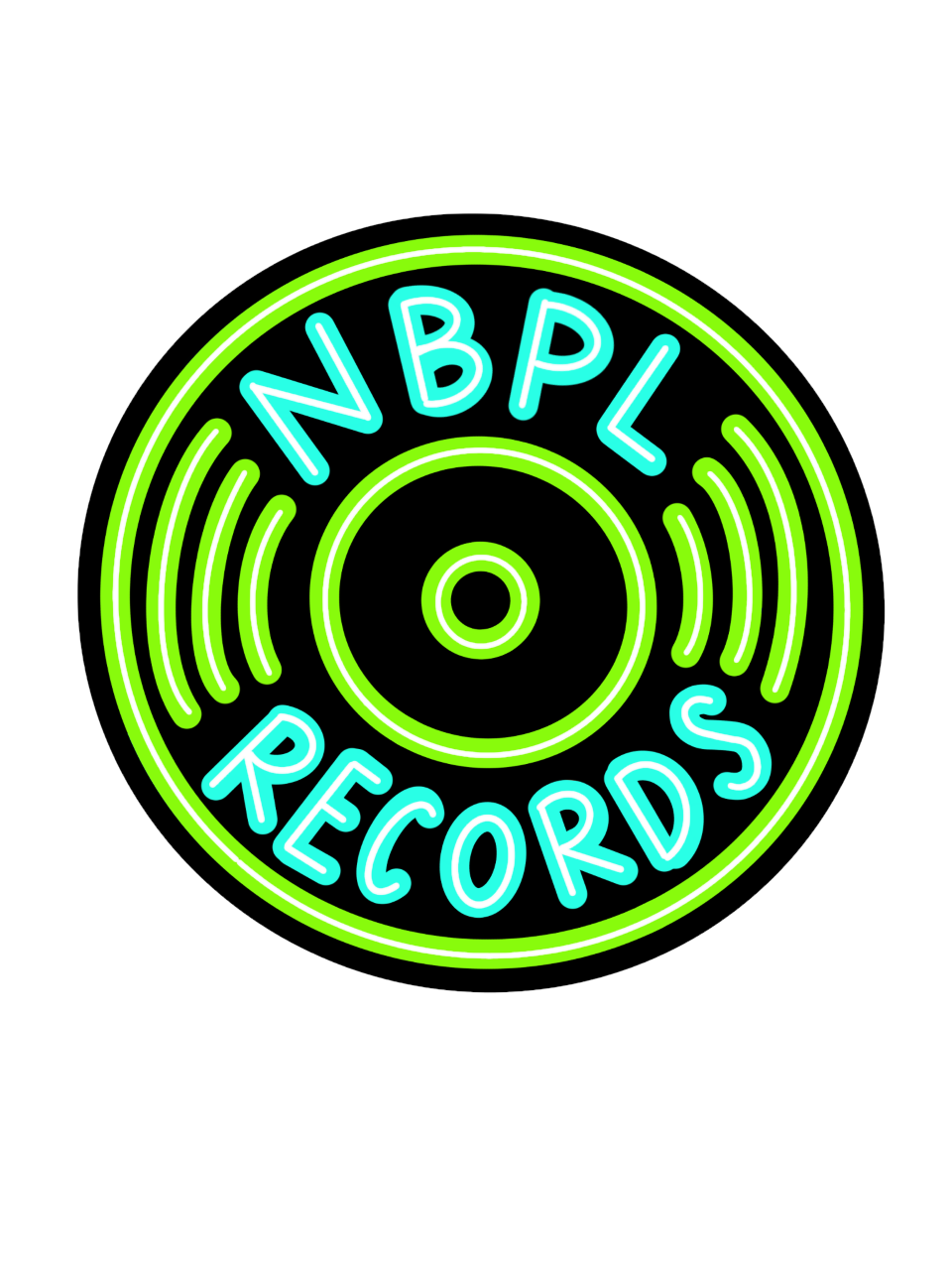 Drawing of a black vinyl record. The grooves are neon green and the words "NBPL" are at the top of the record and "Records" at the bottom"