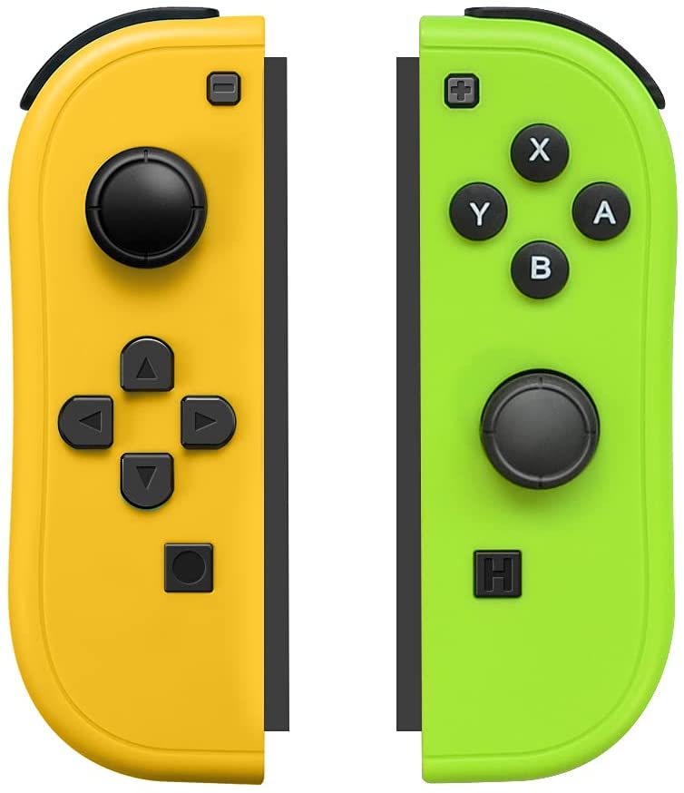 1 yellow and 1 green Nintendo Switch Joy-Con controllers