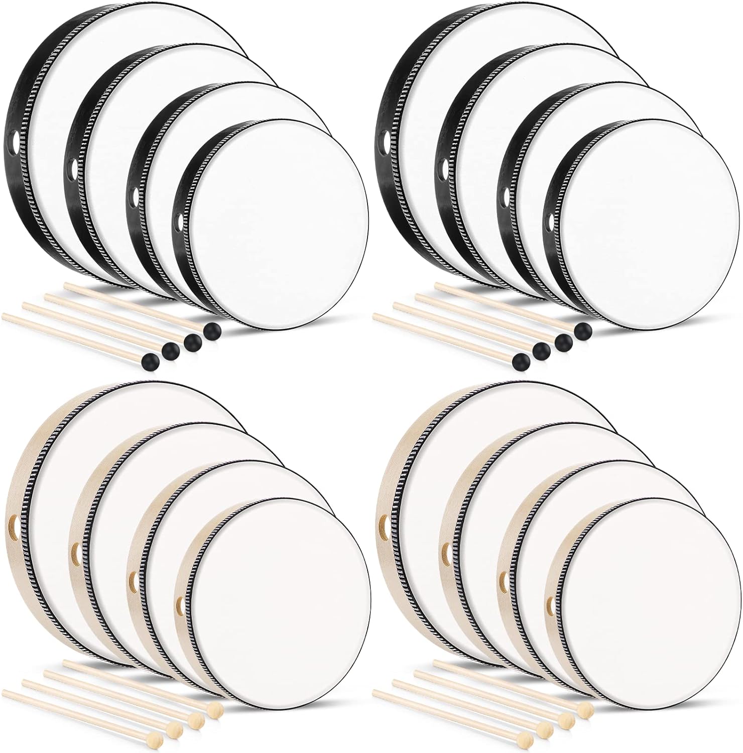 4 groups each containing 4 drums and 4 mallets
