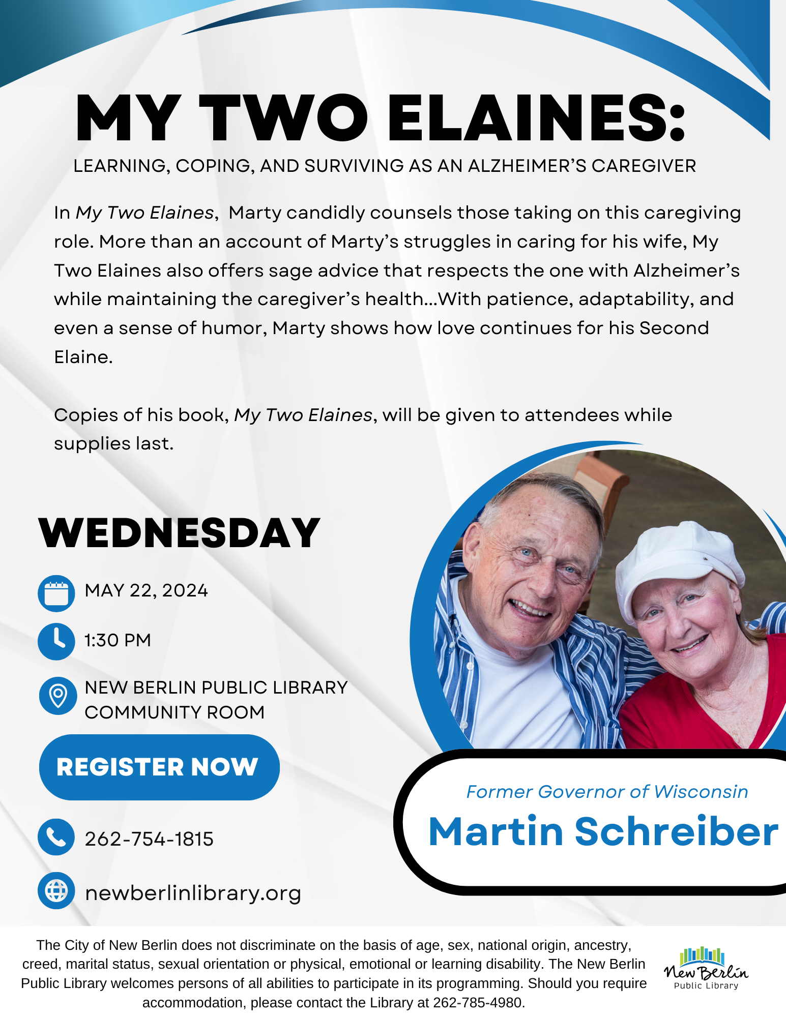 Flyer depicts Martin and his wife, elaine. Flyer also contains information about the event that is listed on this event, such as program description, registration, and time information. 