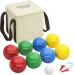 Tan carrying case, 8 red, green, blue and yellow bocce balls, small marking ball and materials to designate out of bounds 