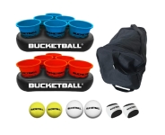 2 black inflatable racks each holding 9 red or blue buckets; 6 balls of various sizes and a black duffle bag