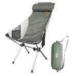 collapsable gray camp chair with mesh pockets on the sides and a head rest at the top of the chair.