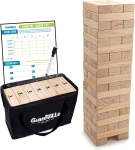 tower of giant jenga wooden planks set 3 across with each level facing the opposite direction. The picture also includes a carrying case filled with wood planks and a washable score sheet