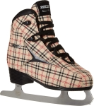 Tan with black and red plaid ice skate. The laces are black and the skate blade is made of steel