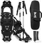 pair of black snowshoes with trekking poles, a black carrying bag and pair of boots
