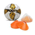 White, gold and black soccer ball with a set of small orange cones