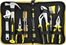 black and yellow tool pouch holding a combination of a variety of basic tools, screwdrivers, hammer, pliers, adjustable wrench, hex key set, voltage tester pen.
