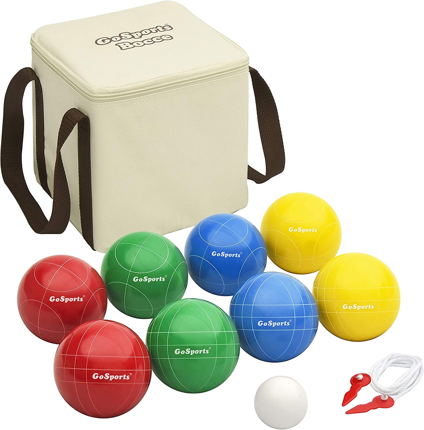 Tan carrying case, 8 red, green, blue and yellow bocce balls, small marking ball and materials to designate out of bounds