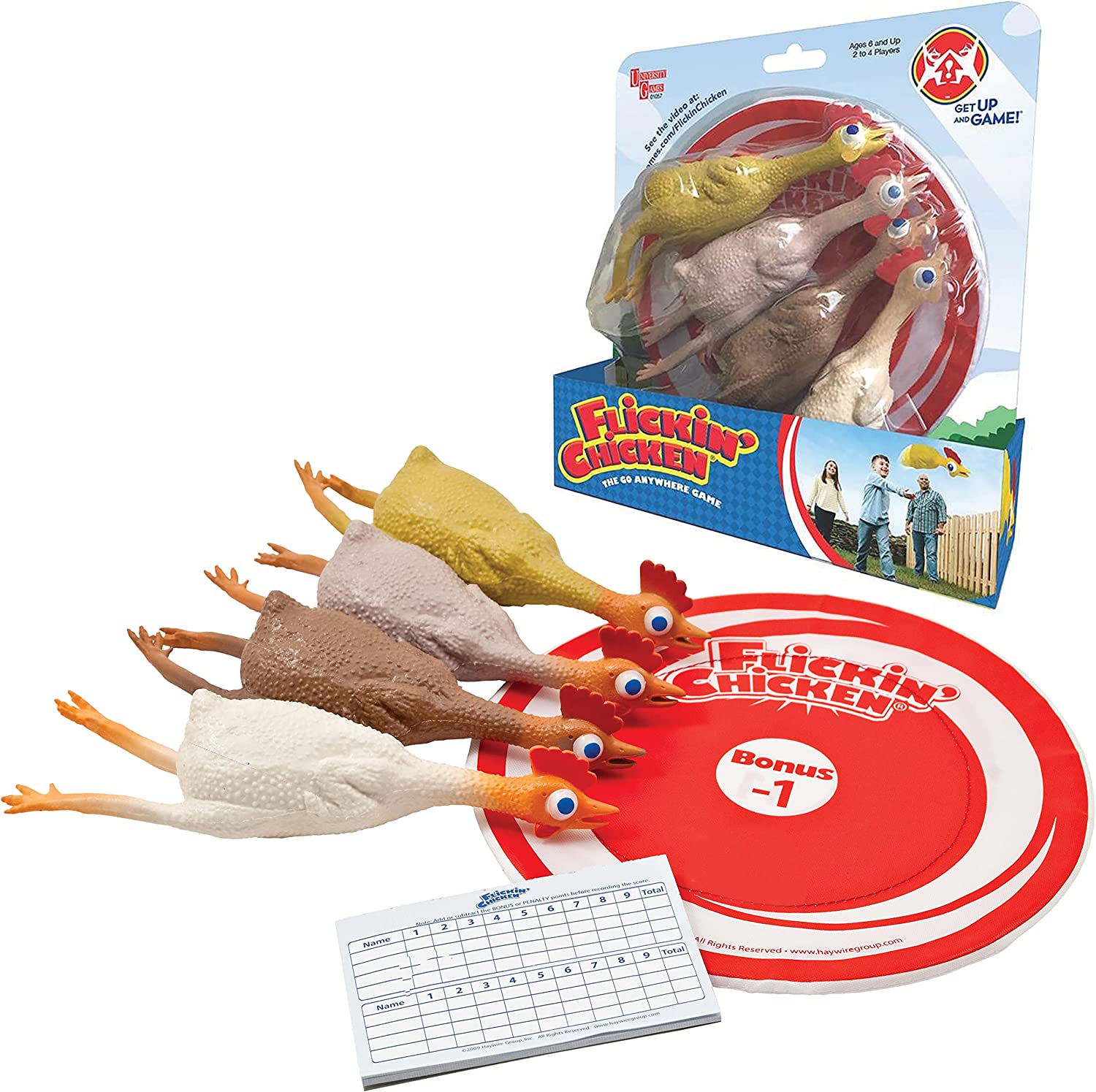 Chicken Toss game package, 4 rubber chickens lying on a red and white target with a score pad also nearby