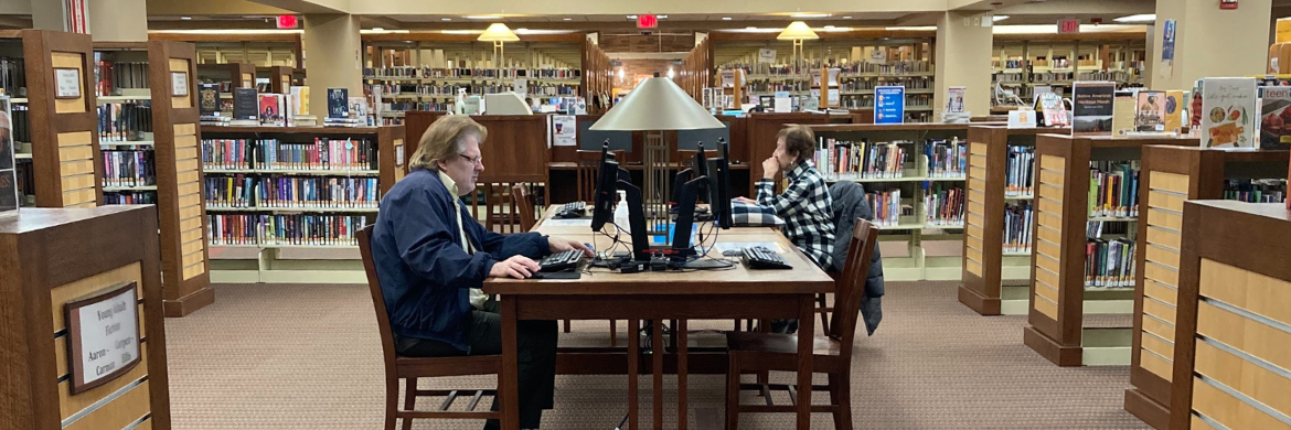 Photo of two people using computers in the library