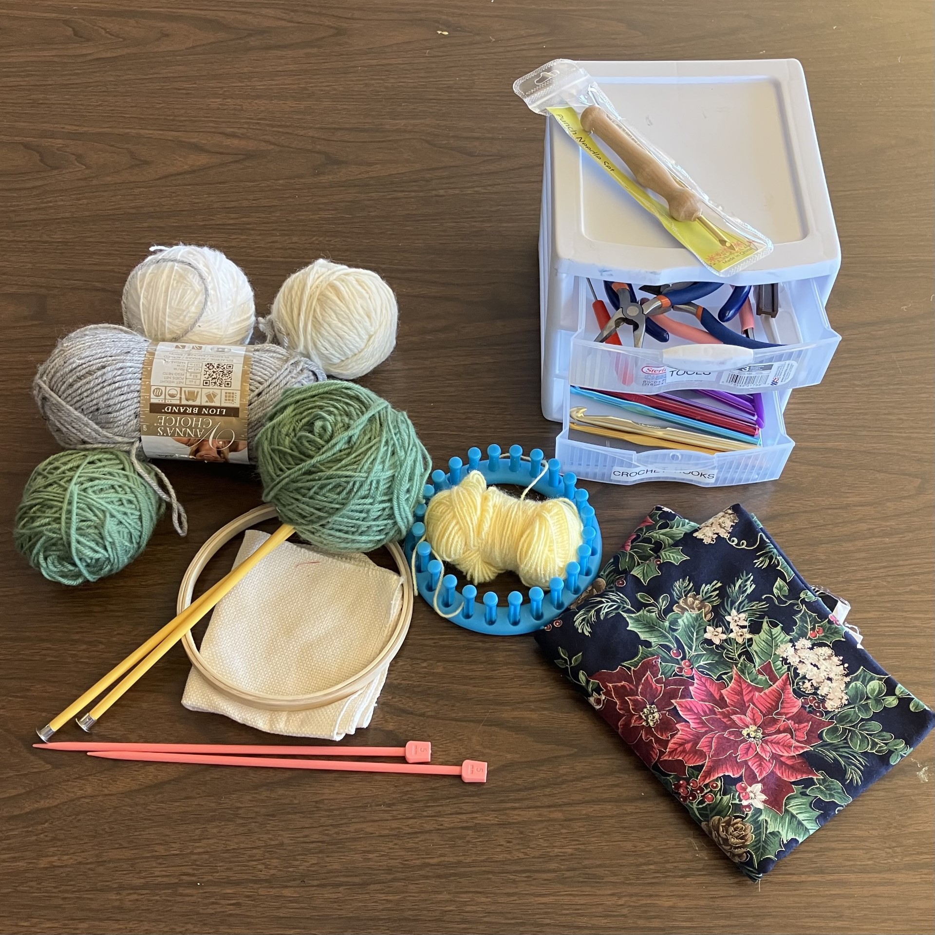 Yarn, fabric, knitting, and crochet needles