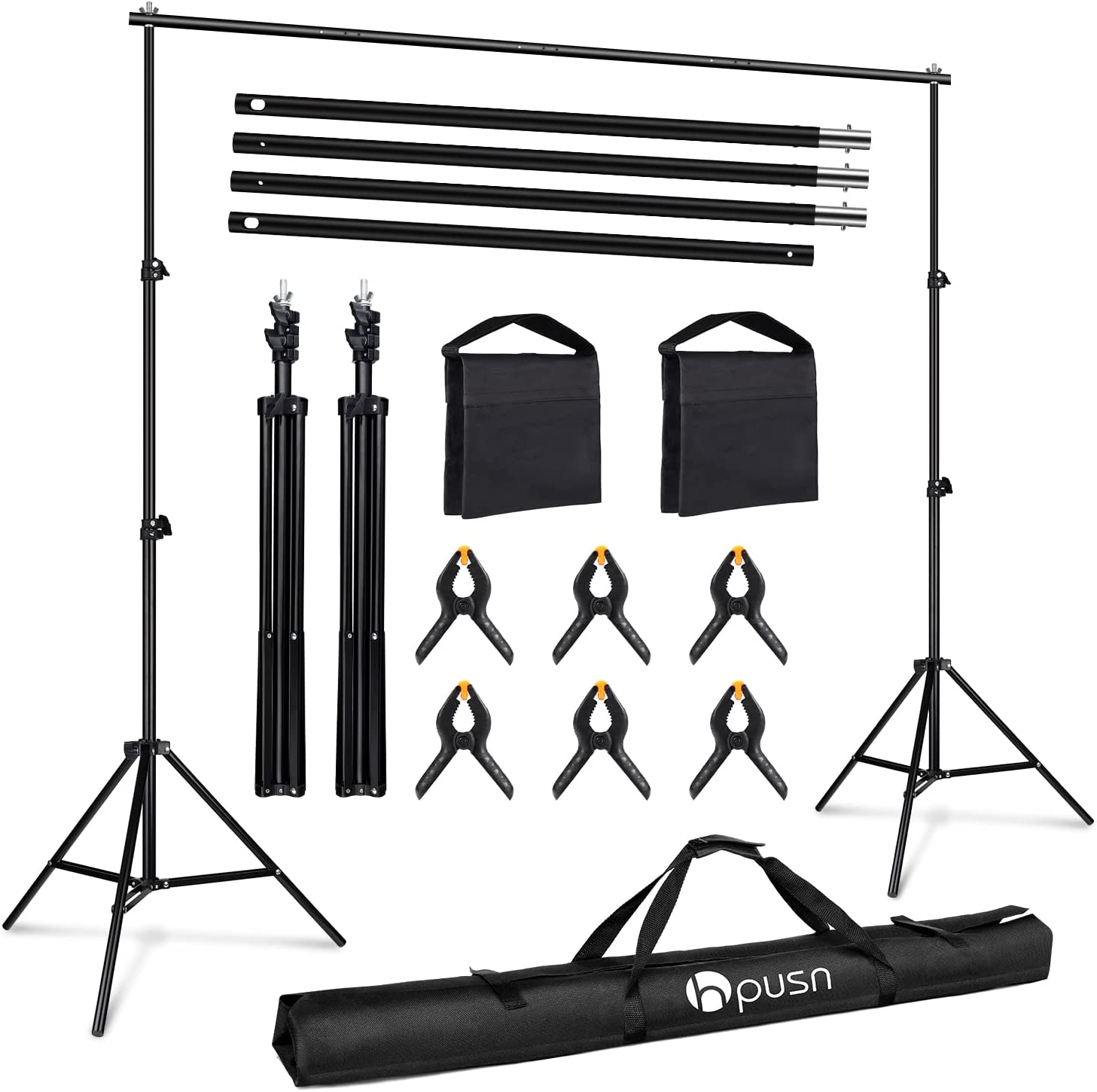 photo stand materials-frame, 4 telescoping poles, 2 weighted bags, 6 clamps, 2 tripod stands and a carrying bag