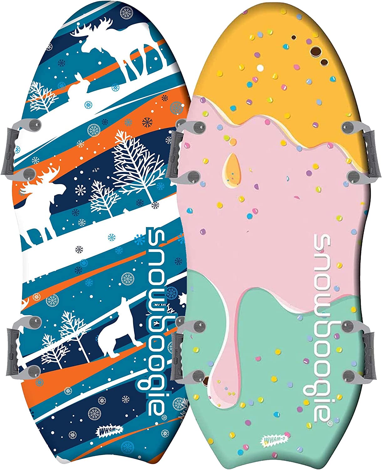 2 multicolored boogie board sleds the word "snowboogie" is on each sled