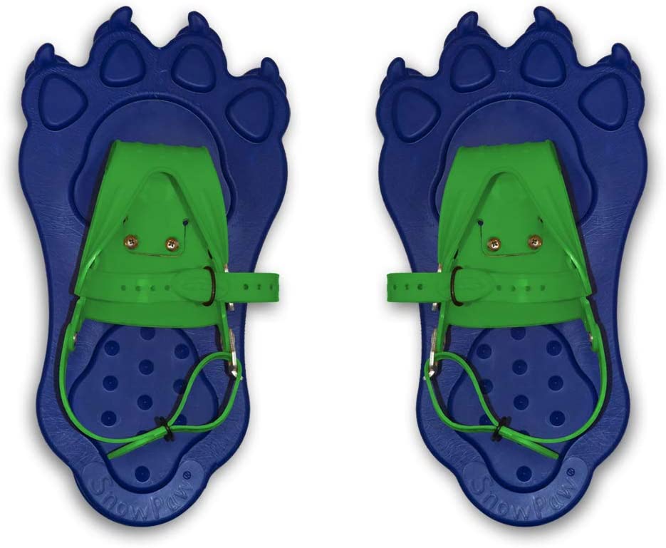 a pair of blue and green children's snowshoes shaped to look like an animal paw