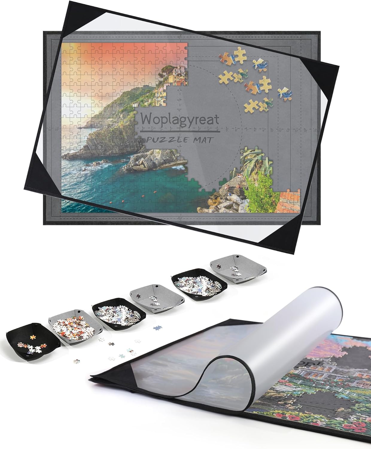 rectangular mat with a partially put together puzzle on it; there are also 6 sorting bowls with puzzle pieces in them