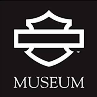 black background with white image of Harley-Davidson logo, the word "museum" is underneath the logo
