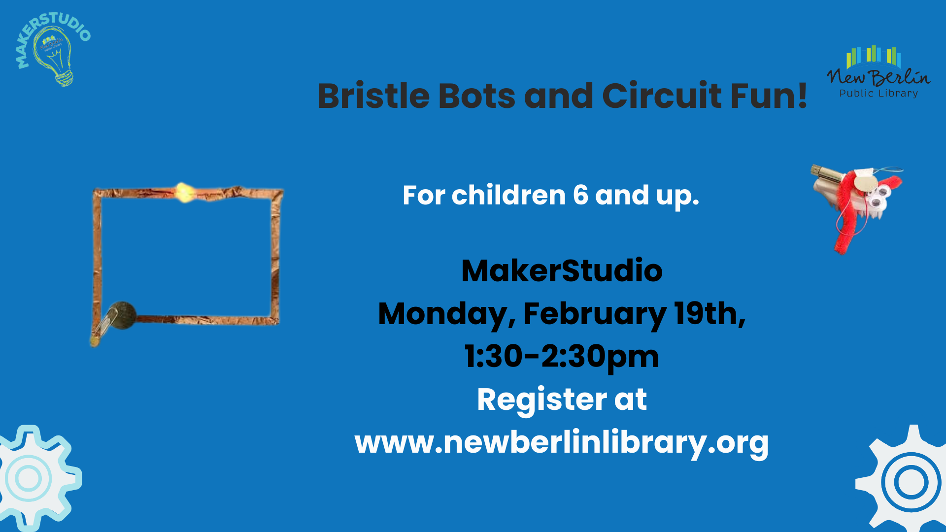 Blue background, picture of a coper circuit and bristle bot