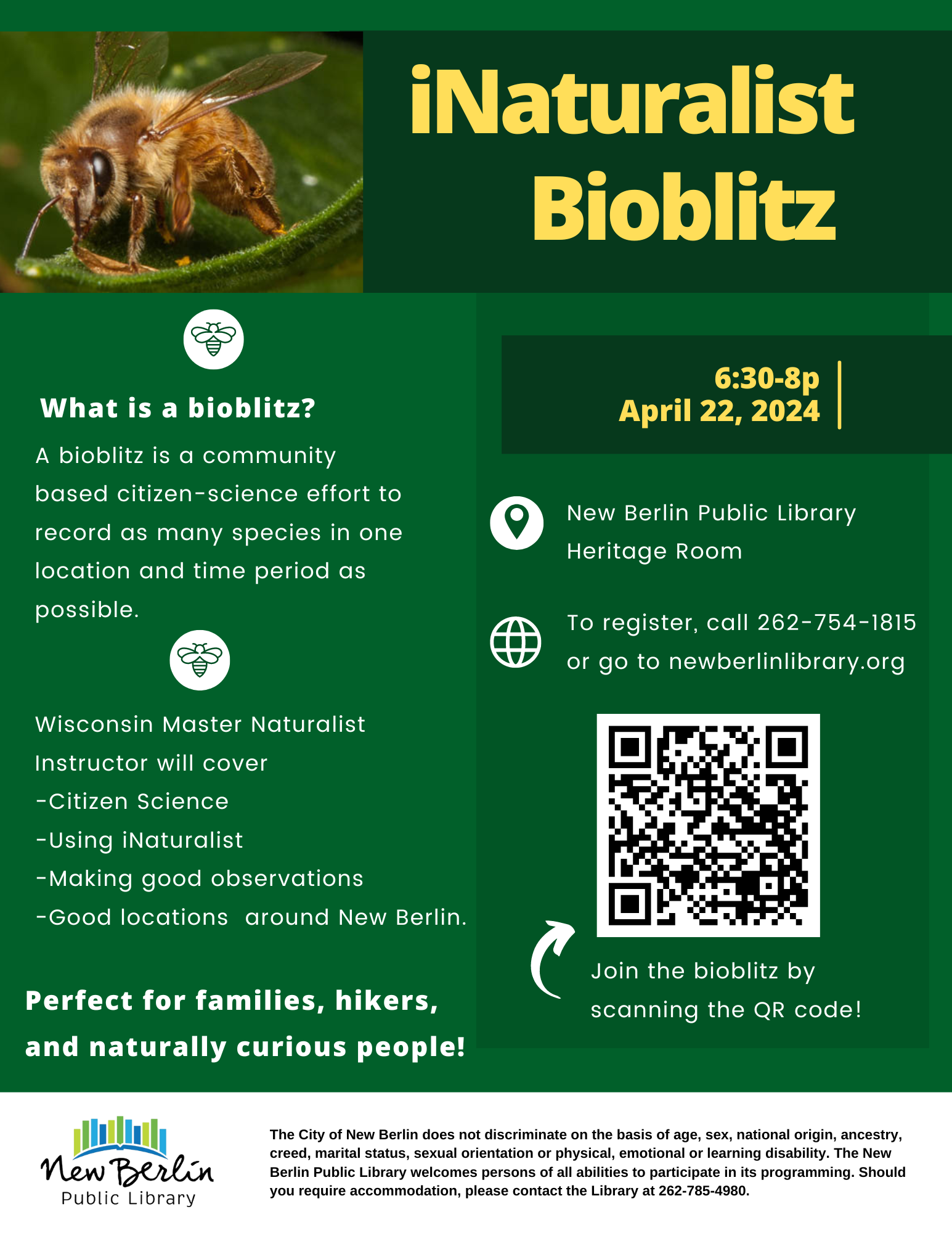 Image shows a native bee resting on a plant, along with the information about the event. All information can be found in description of event. 