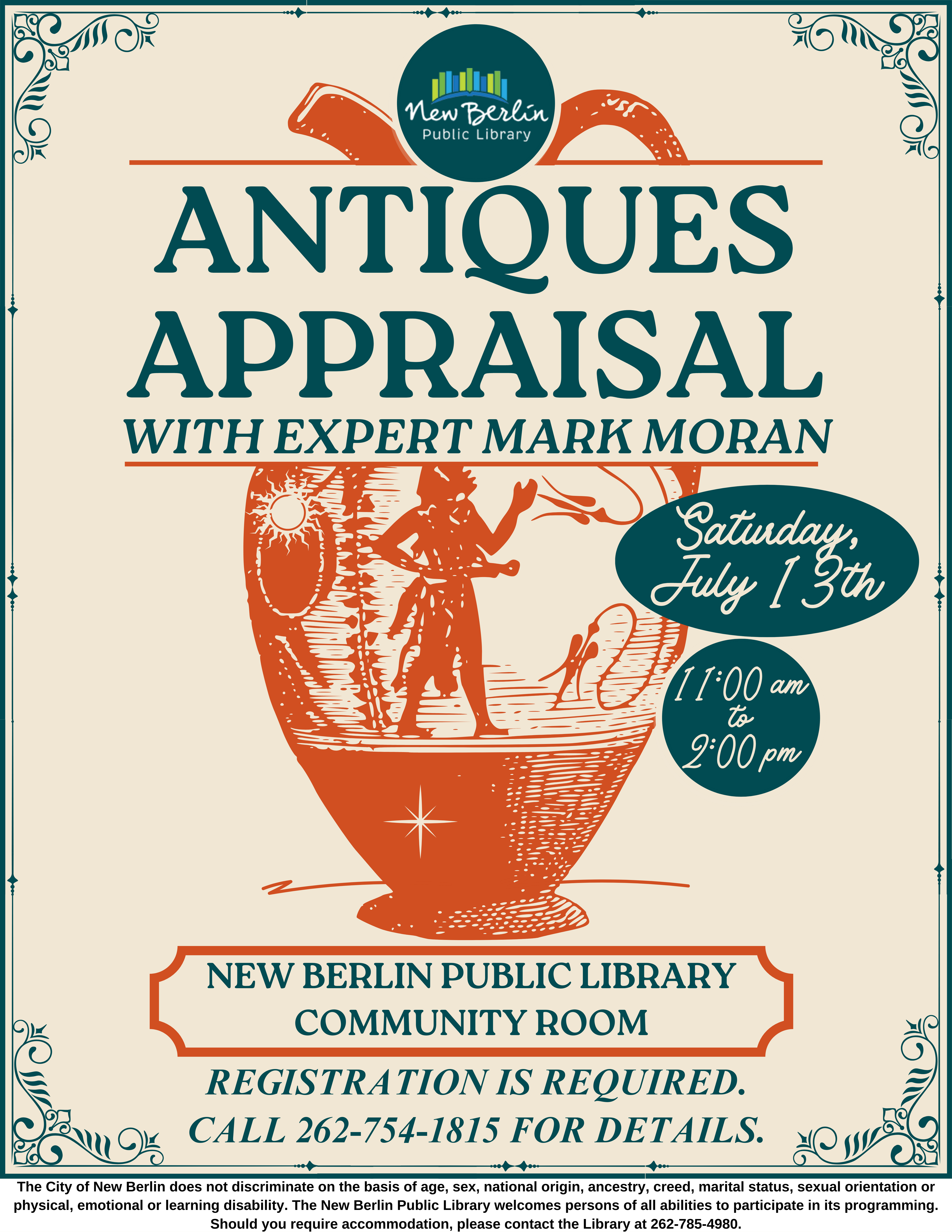 Flyer depicting an antique vase advertising the "Antiques Appraisal Event" with expert Mark Moran, using ancient imagery and motifs.