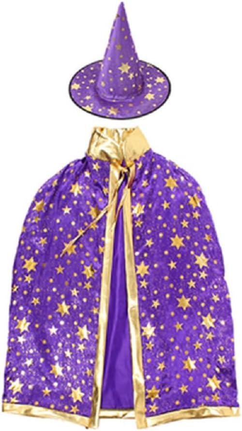 image of purple cape and hat both have sparkly gold stars on them