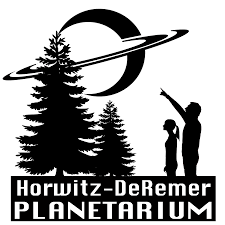silhouette of man and woman looking and pointing at the moon and a planet, the words "Horwitz-DeRemer Planetarium" are at the bottom of the picture