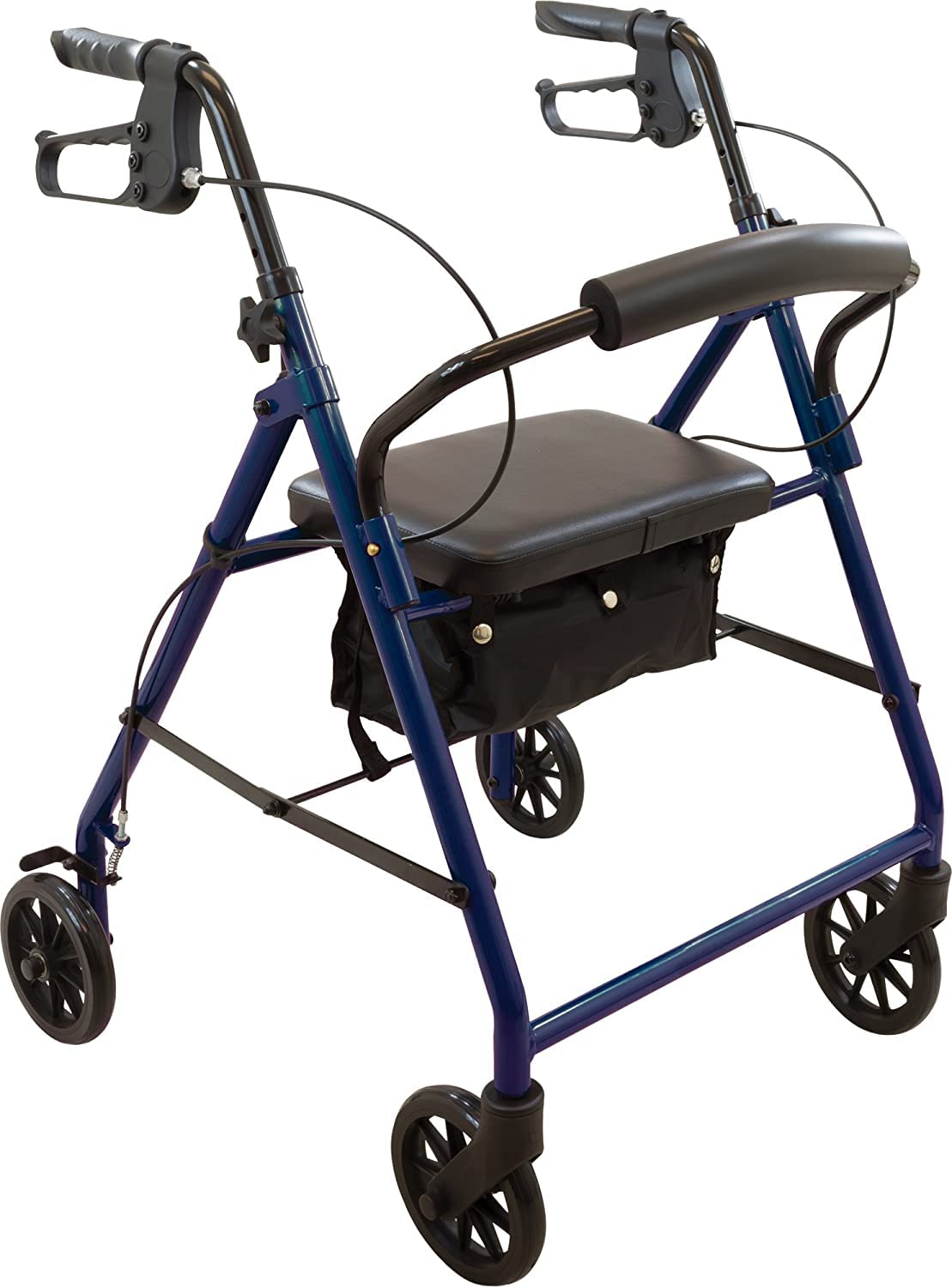 blue 4-wheeled walker with seat and under seat storage