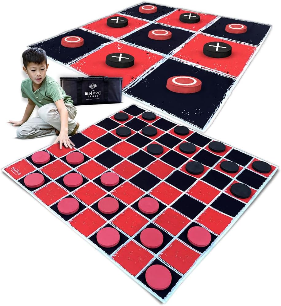 image of boy playing checkers on a large black and red mat