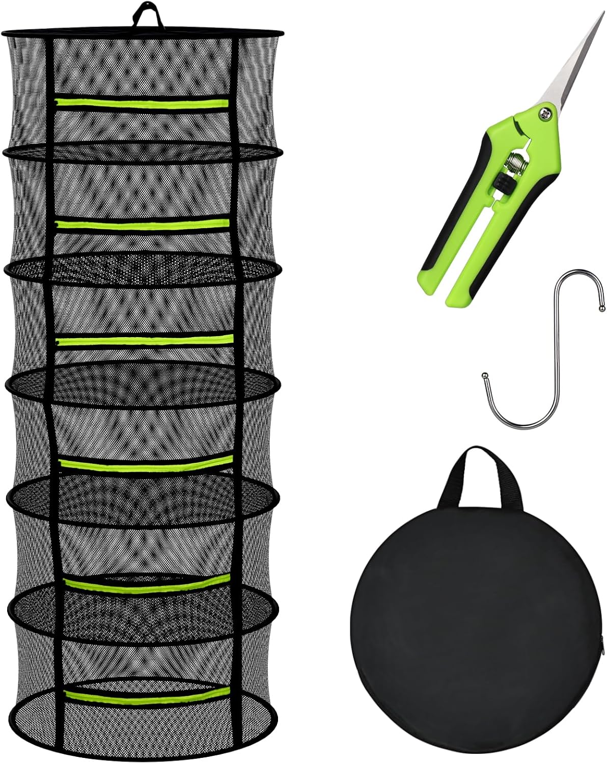 image of mesh 6-layer herb drying rack, garden shears, metal s hook and black circular carrying case
