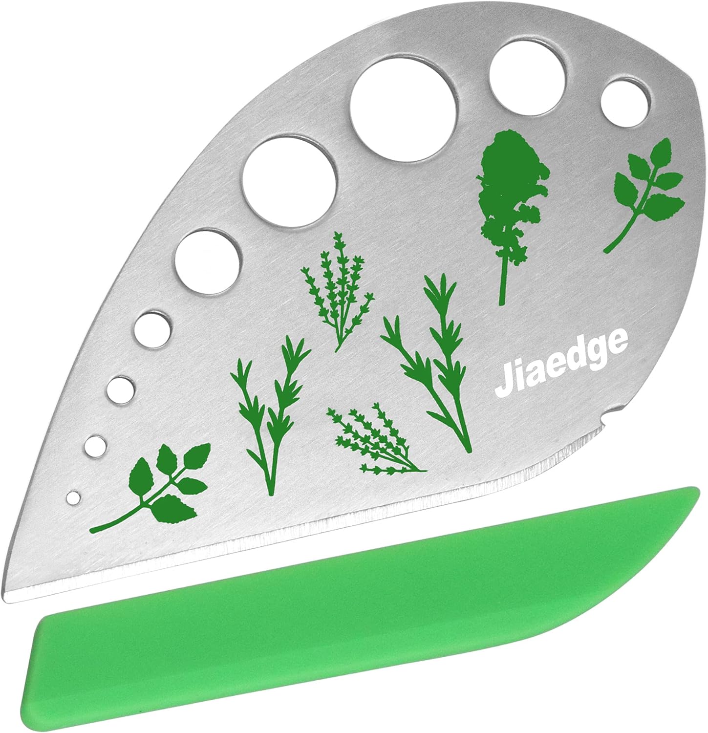 image of a herb stripping tool: stainless steel, 9 various sized holes with pictures of herbs on the tool