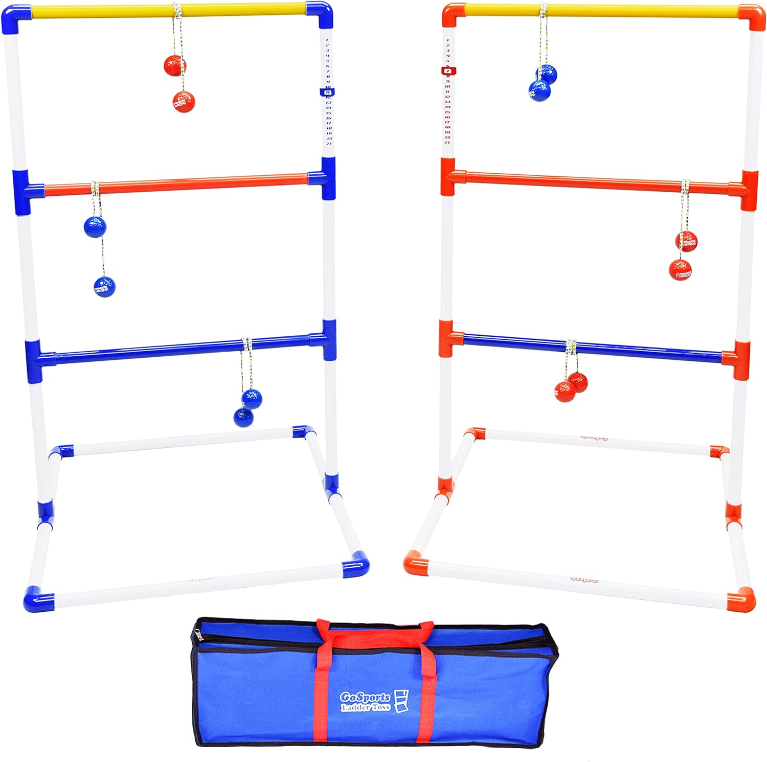 image of two ladder toss frames with bolas hanging from each structure. A blue carrying bag is also pictured