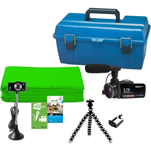 image of blue tackle box, video camera with microphone attached, octopus tripod, webcam and green screen