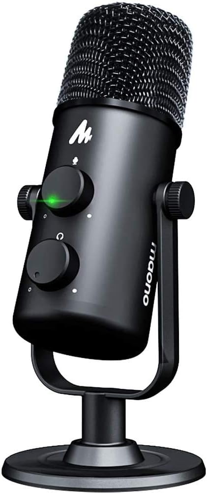 image of black microphone on a tabletop stand