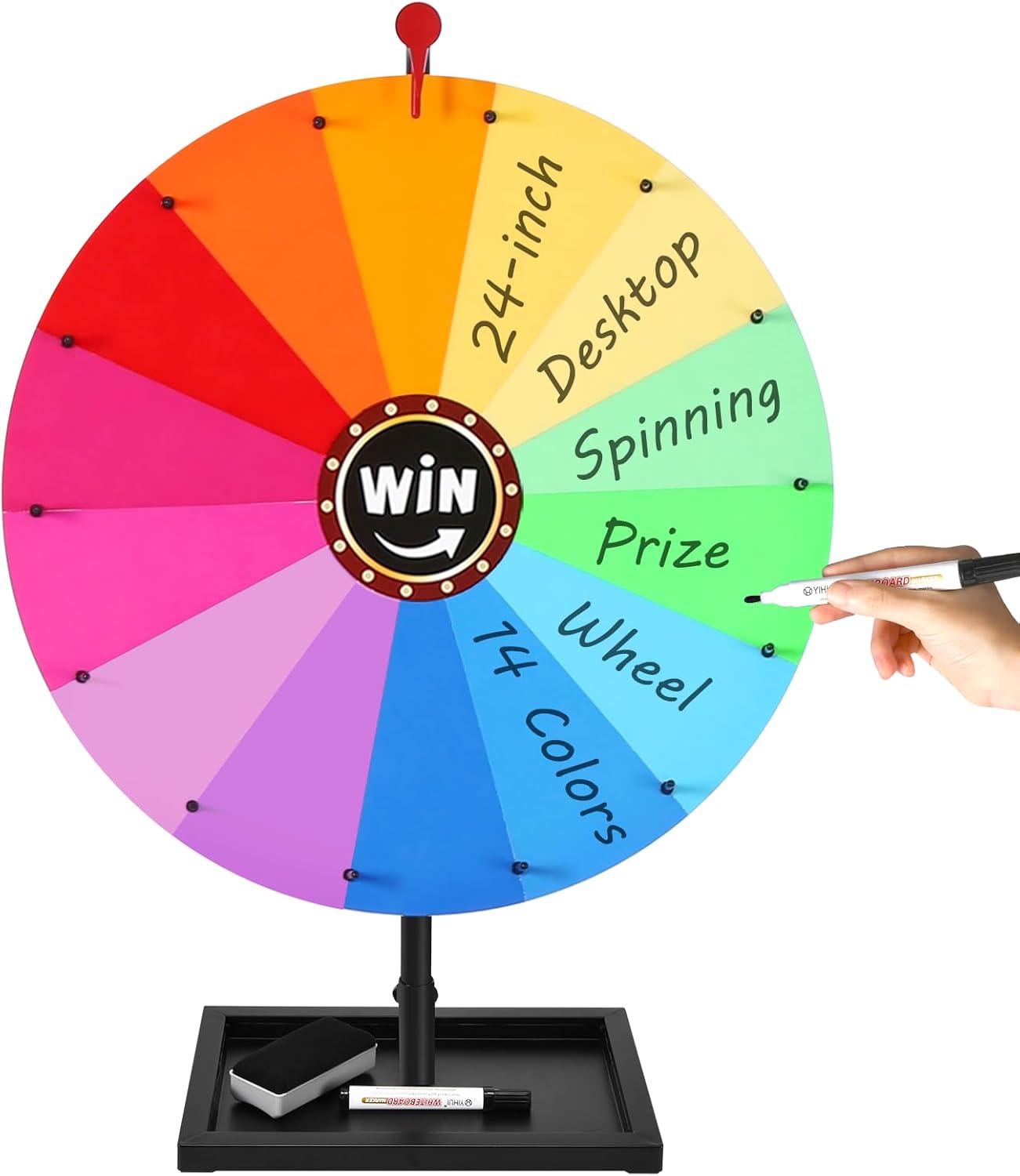 image of spinning, multicolored prize wheel; a hand is holding a marker; "24-inch", "desktop", "spinning", "prize", "wheel", "14 colors" are each written on a different wedge of the wheel