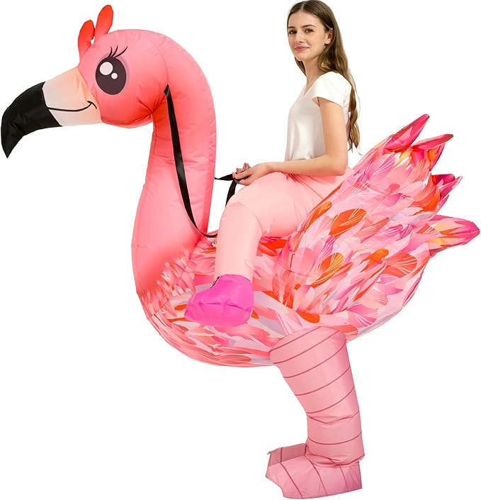 image of woman wearing an inflatable flamingo costume