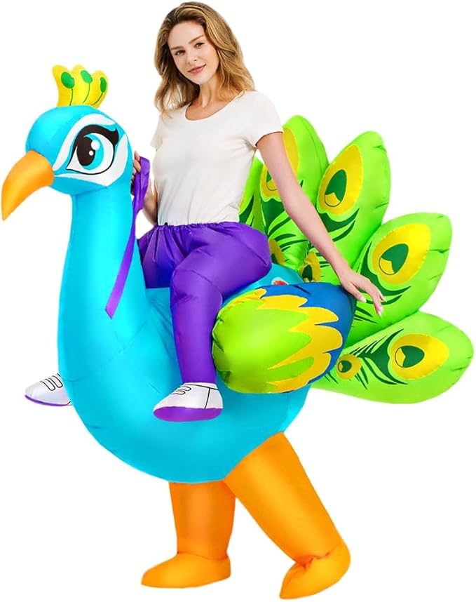 image of woman wearing an inflatable peacock costume