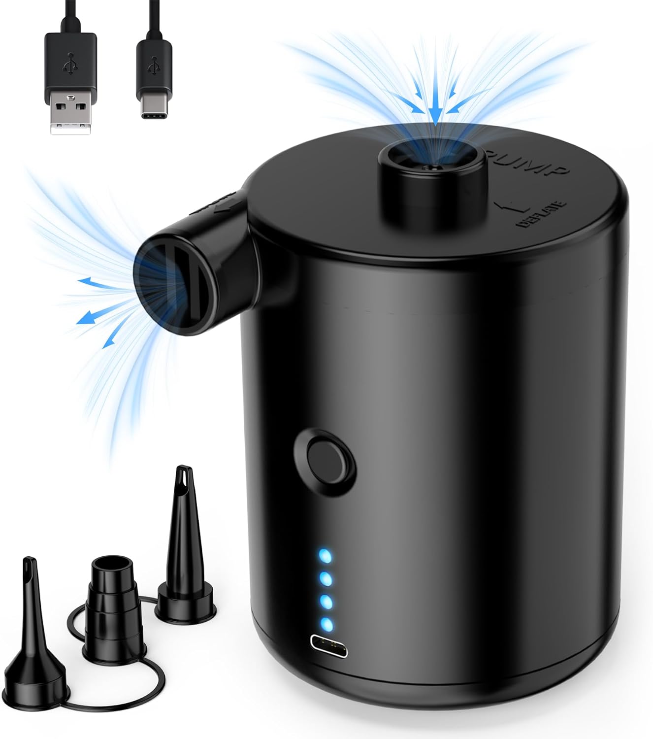image of black air pump with 3 nozzle attachments and USB cords
