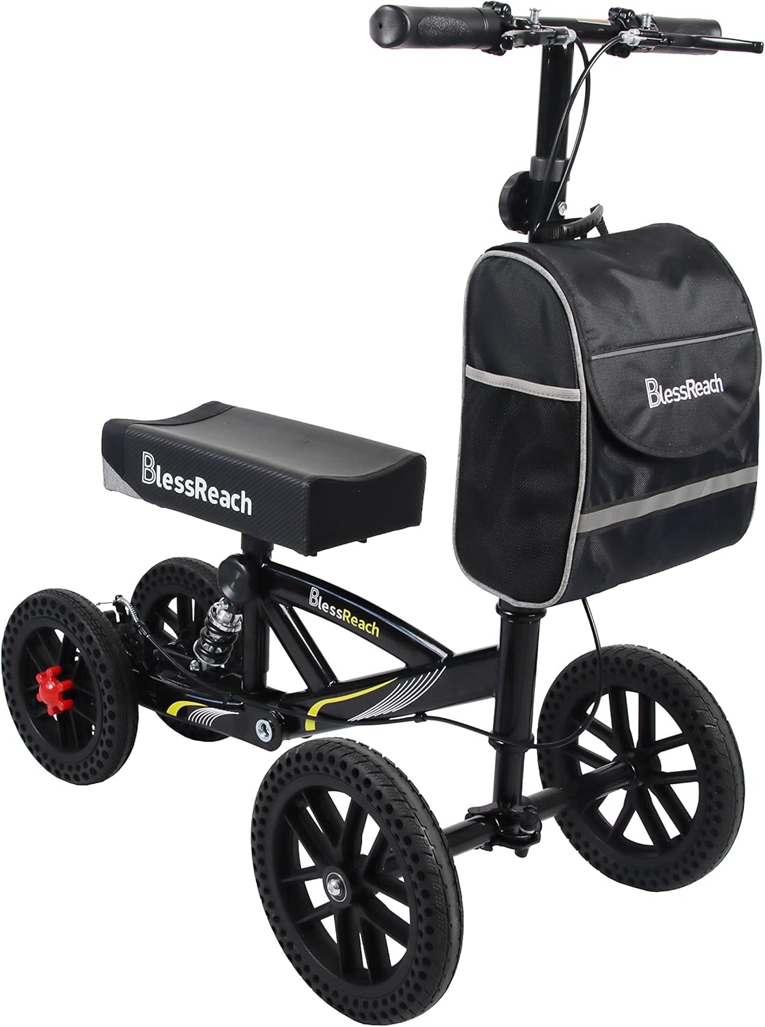 image of a 4-wheeled knee scooter with a carrying bag attached