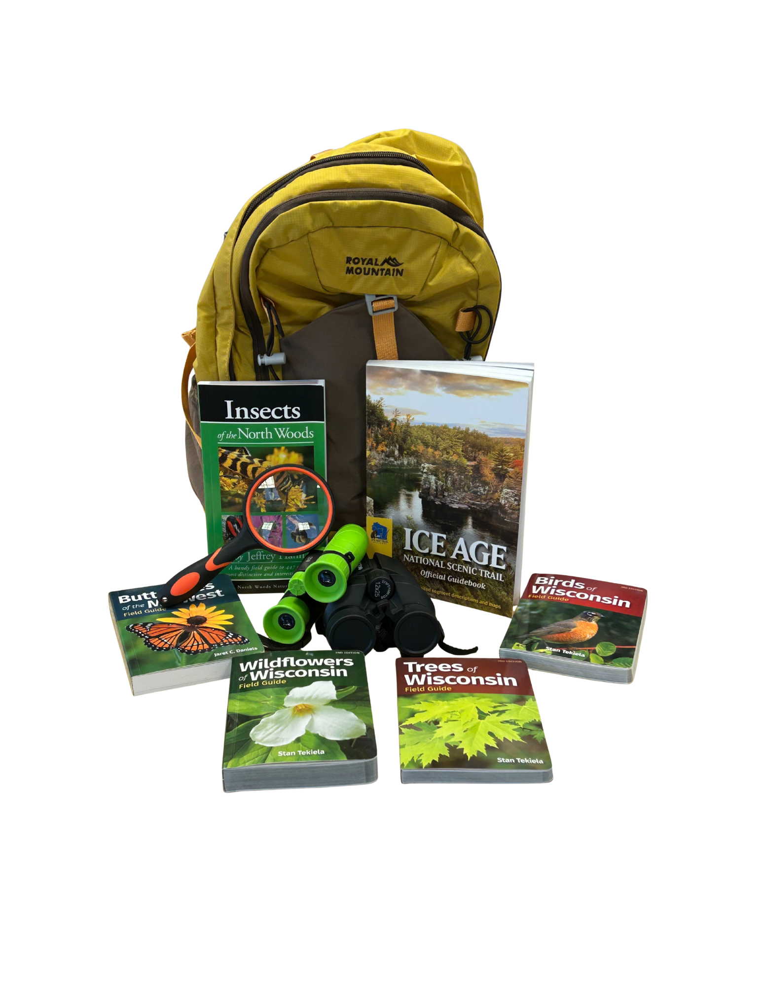 image of yellow backpack, Ice Age Trail guidebook, field guides for butterflies, wildflowers, birds, trees and insects; 2 pairs of binoculars and a magnifying glass