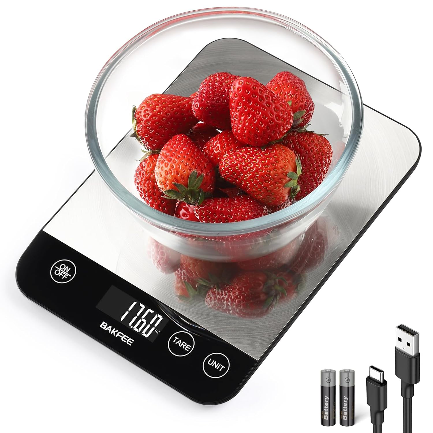 image of food scale with a bowl of strawberries