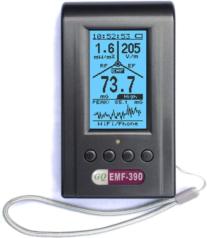 image of EMF meter with blue screen showing numbers from a reading