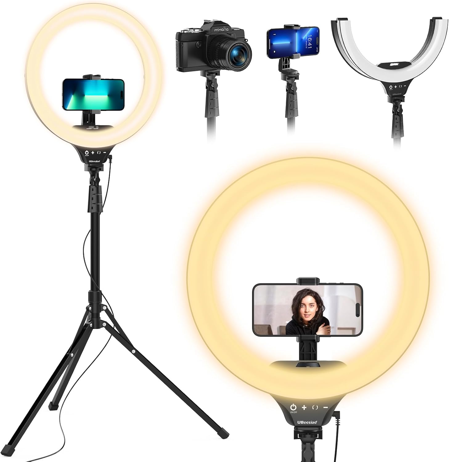 a foldable ring light on a tripod with a phone attached to the tripod