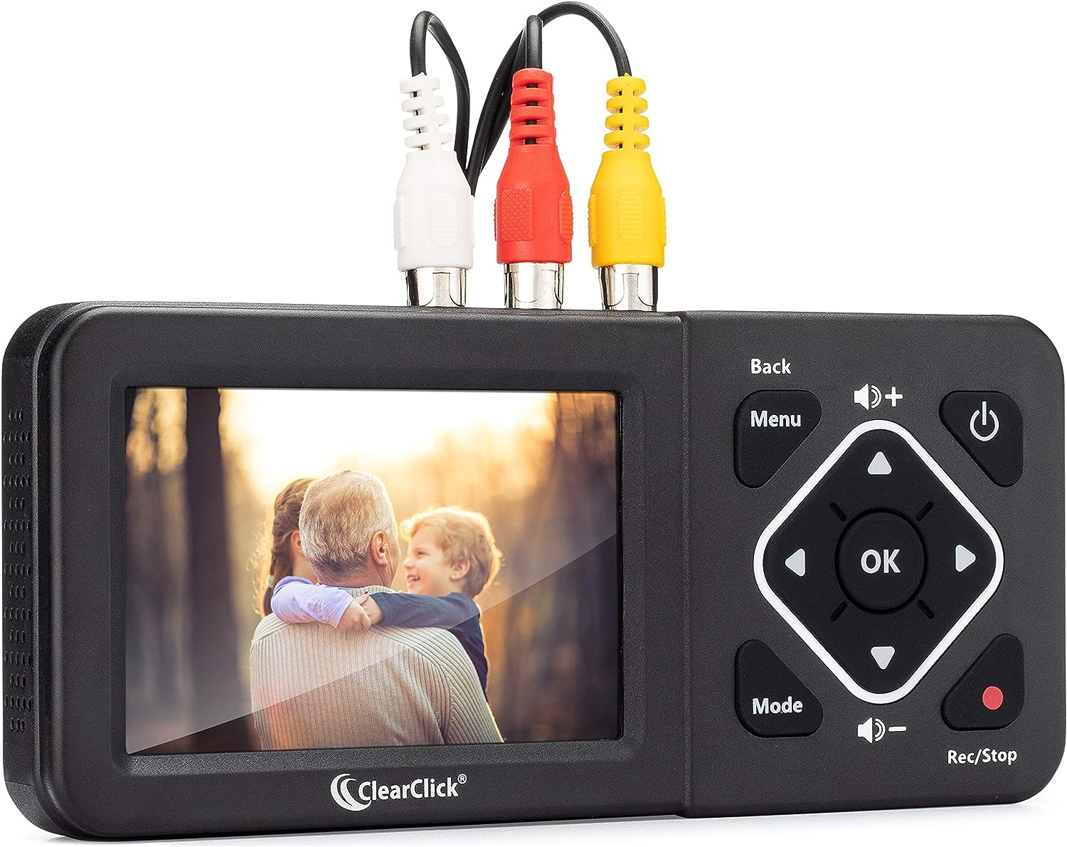ClearClick's video to digital converter with attached RCA cables. Image on screen shows a man holding a young boy and girl
