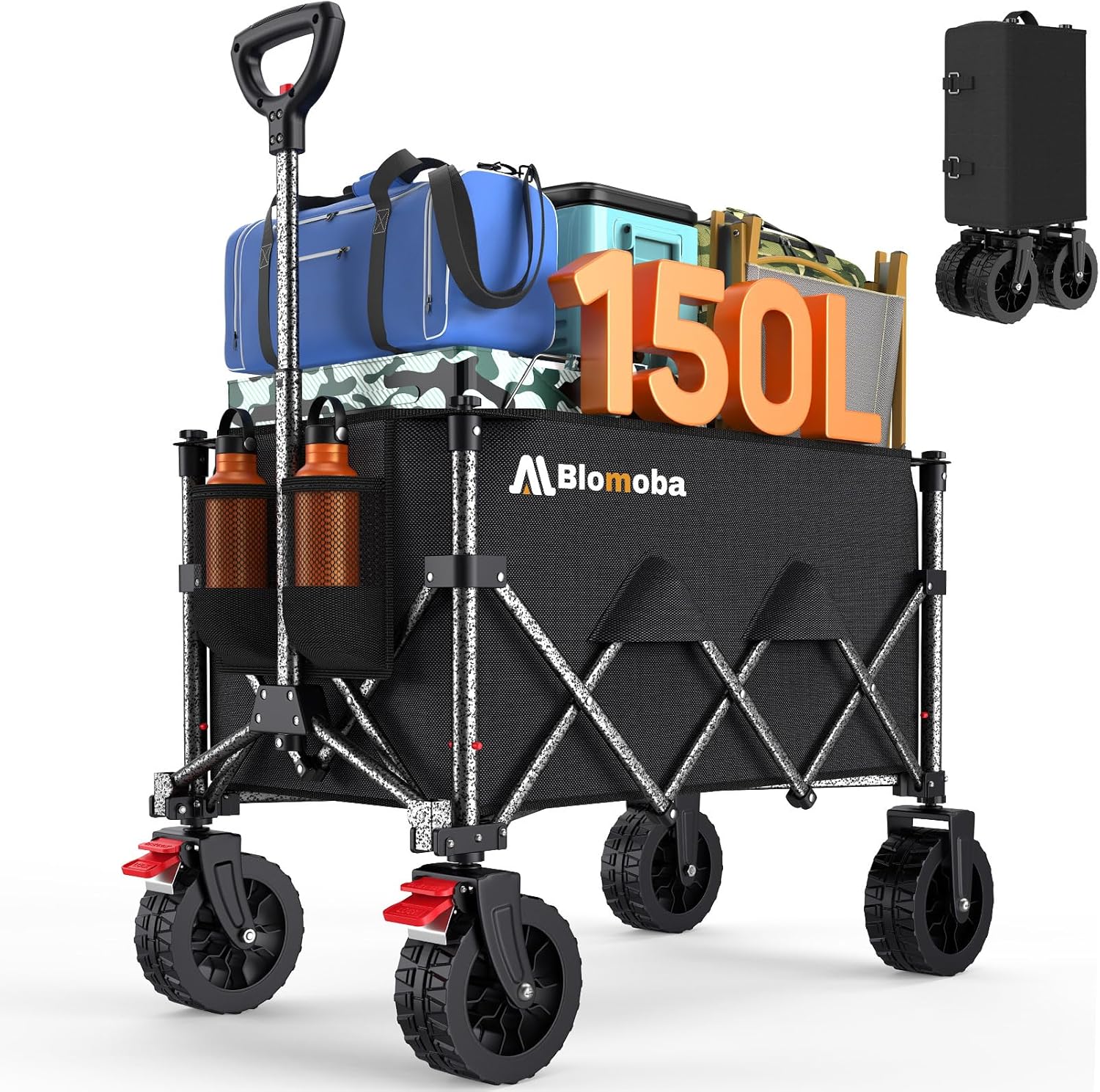 image of collapsible wagon filled with bags, suitcases and water bottles. "150L" is on the top of the wagon.
