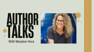 Image Reads: Author Talks with Meadoe Hora. Image shows author smiling in a headshot, along with decorative stars.