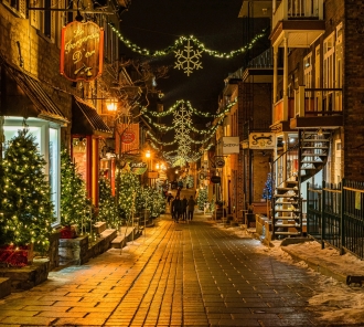 Photo of a downtown street decorated for Christmas