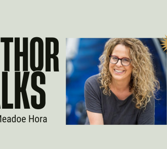 Image Reads: Author Talks with Meadoe Hora. Image shows author smiling in a headshot, along with decorative stars.
